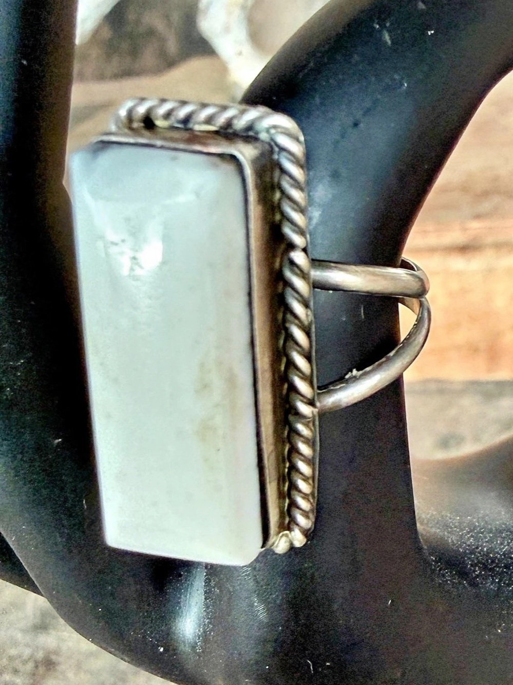 White Buffalo Rectangular Stone Statement Ring - Picture 3 of 6